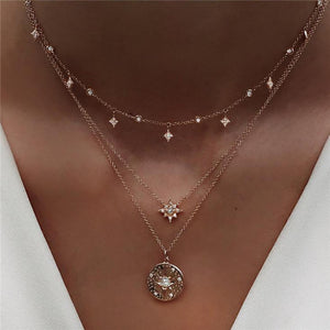 Boho Multi-element Crystal Necklaces For Women Fashion Gold Necklace Vintage Multiple Layers Pendant Necklace Jewelry Gift