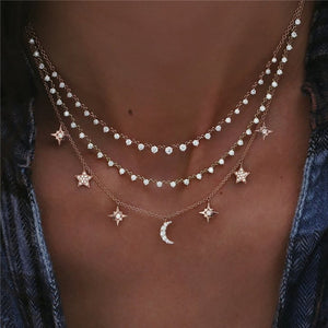 Boho Multi-element Crystal Necklaces For Women Fashion Gold Necklace Vintage Multiple Layers Pendant Necklace Jewelry Gift