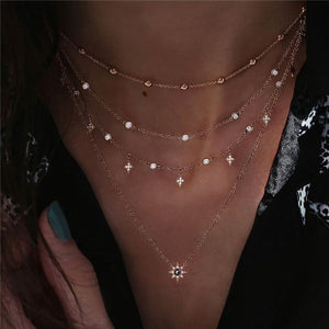 Boho Multi-element Crystal Necklaces For Women Fashion Gold Necklace Vintage Multiple Layers Pendant Necklace Jewelry Gift