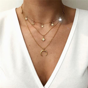Boho Multi-element Crystal Necklaces For Women Fashion Gold Necklace Vintage Multiple Layers Pendant Necklace Jewelry Gift